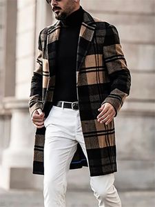 Mélange de laine pour hommes Trench Plaid à manches longues col rabattu mode vêtements de rue en vrac 2023 automne hiver décontracté 230928