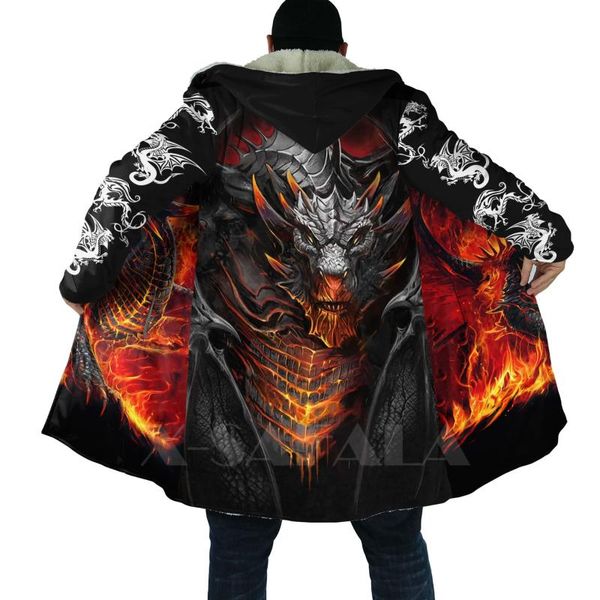 Laine pour Hommes Mélange Crâne Viking Et Armure De Dragon Tatouage Croix All Over 3D Imprimé Épais Chaud À Capuche Manteau pour Hommes Coupe-Vent Polaire Unisexe C