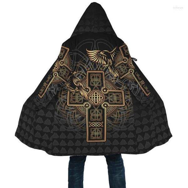 Manteau de style viking en laine mélangée pour hommes - Sweat à capuche imprimé 3D Raven Tattoo d'Odin pour hommes femmes hiver polaire coupe-vent capuche chaude Nell22