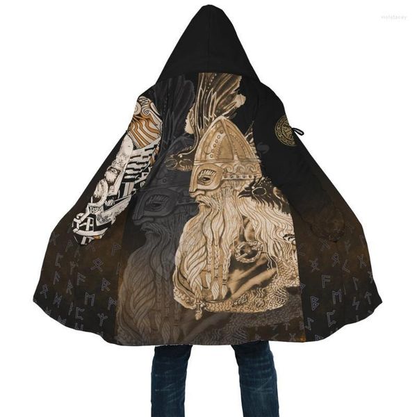 Hommes Laine Mélanges Viking Style Odin Corbeau Cape Or 3D All Over Imprimé À Capuche Hommes Femmes Hiver Polaire Coupe-Vent Chaud Viol22