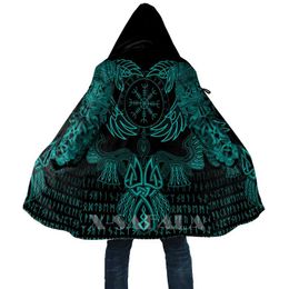 Herenwolmengsels Viking Style Raven van Odin Cyaan 3D Gedrukt Duffle Pullovers Jas Overjas Dikke Warme Kleedmanteljas voor Mentopcoat WI