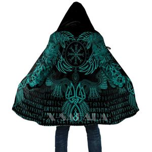 Mélanges de laine pour hommes style viking corbeau d'odin cyan pulls molletonnés imprimés en 3D ﾠ manteau pardessus épais manteau à capuche chaud manteau pour hommestopcoat wi