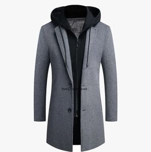 Mélange de laine pour hommes, manteau en cachemire à capuche, décontracté, épais, chaud, deux pièces de coupe-vent, gris, hiver, 231102