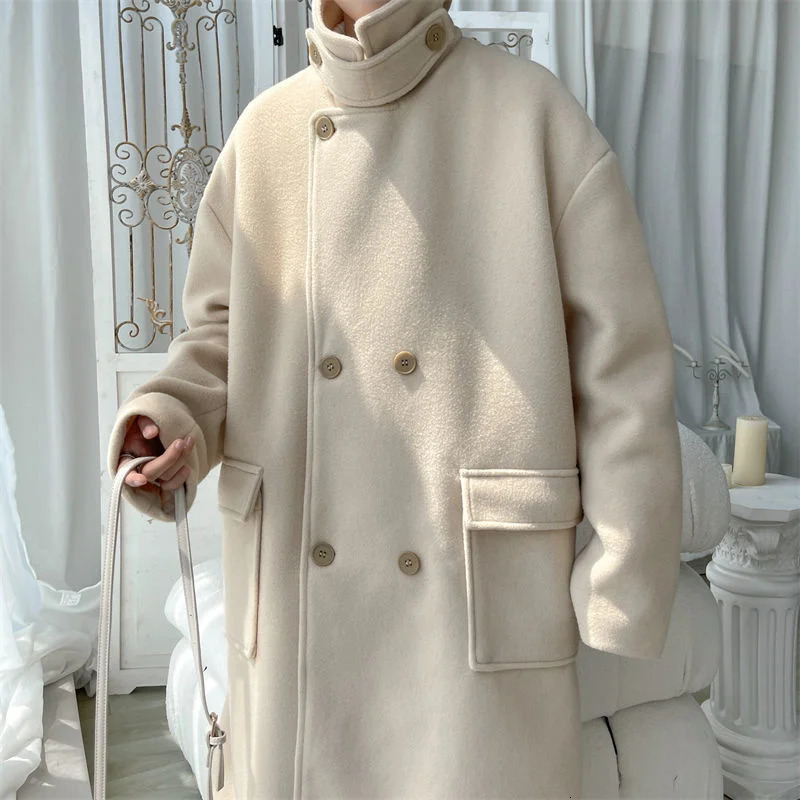 Misto lana da uomo Cappotto invernale di lana doppio petto da uomo Moda calda Casual Lungo coreano Allentato Trench oversize soprabito 231123