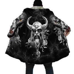 Hommes laine mélanges hiver mode hommes manteau Norse Odin Raven tatouage 3D imprimé épais polaire à capuche manteau unisexe décontracté chaud Cape manteau DP23 HKD230718