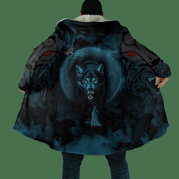 Hommes laine mélanges hiver mode hommes à capuche manteau Lion tatouage loup impression 3D épais polaire coupe-vent unisexe décontracté chaud capuche manteau DP04 HKD230718