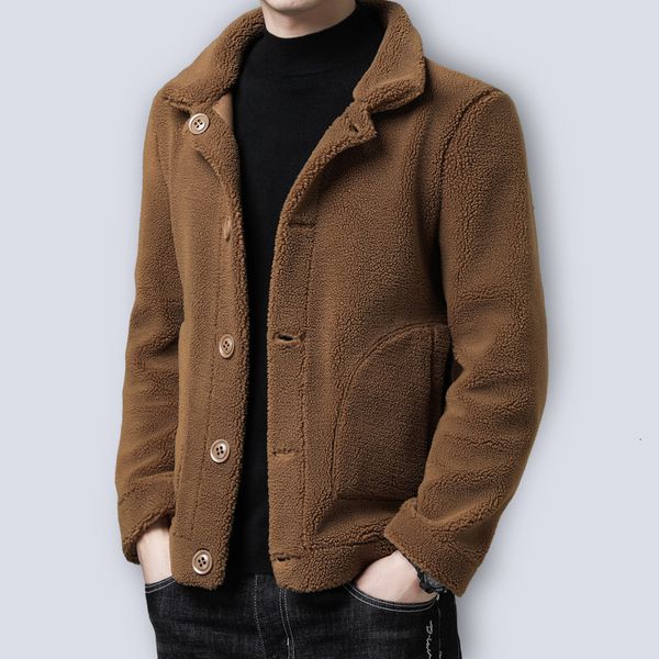 Mezclas de lana para hombre Abrigo de lana de piel sintética de invierno para hombre Botón de cuello vuelto Negro Marrón Chaqueta informal Outwear Engrosamiento Abrigo de talla grande 221206