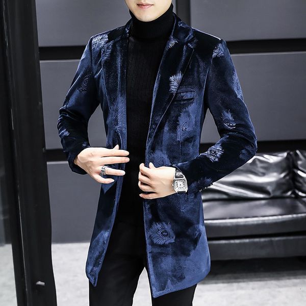 Mélanges de laine pour hommes Veste d'hiver Men des hommes à la mode slim long et manteau pour coréen Royal Blue Print Velvet Warm Designer 230921