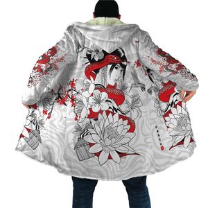Herenwol blends winter mannen voor vrouwen met capuchon mantel Japan geisha tattoo 3d prined fleece windbreker warme kap 03