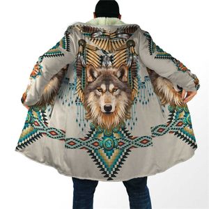 Heren Wol Blends Winter Mannen Voor Vrouwen Capuchon Mantel Native Spirit Wolf 3D All Over Prined Fleece windbreker Warme capuchon Mantel HKD230718