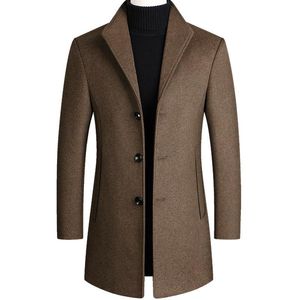 Abrigo de tweed de mediana edad de invierno de mezcla de lana para hombre y cortavientos largo y grueso de algodón negro burdeos