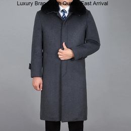 Mezclas de lana para hombres Cazón de lana Cobatina Overcoat Real Rabbit Fur Fuente de invierno cálido s Peacate Long Jacket Men M-4xl 231211
