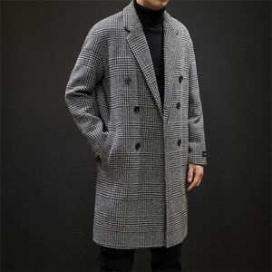 Mélanges de laine masculine Yasuguoji Casual Double Breasted Mens Overcoat Winter Houndstooth Veste Men Turndown Collar Long Len Wind Coat 230222