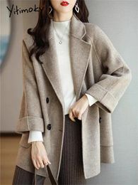 Heren Wolmixen Yitimoky Notched Coat Dames Herfst Winter 2023 Mode Kantoor Dames Lange mouwen Losse jas Casual Double Breasted Jassen 231114