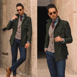 Heren Wol Kostuum Homme Korte Groene Overjas Blazer Single Breasted Met Riem Smoking Jassen Causale Prom Mode