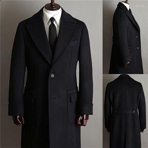 Costumes en laine pour hommes noirs, veste épaisse sur mesure, coupe-vent de haute qualité, Tuxedos à revers, Blazer d'affaires Long