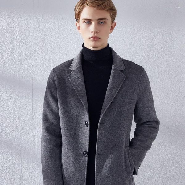 Manteau en laine pour hommes, automne hiver intelligent décontracté Double face Tweed mi-long fait à la main en cachemire Cardigan hauts