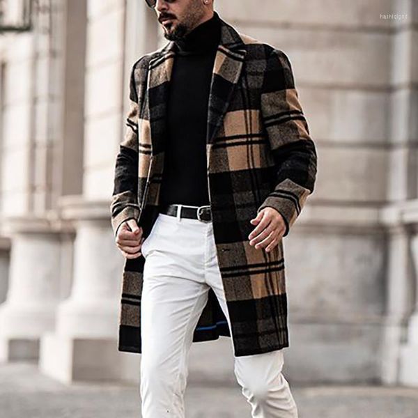 Hommes laine hommes mélanges manteaux automne décontracté mi-long laine tissu manteau homme mince mode Streetwear Plaid Trench hommes 2022