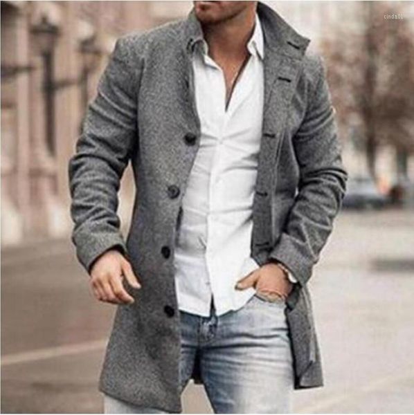 Abrigos de mezcla de lana de un solo pecho para hombre, chaqueta Retro con cuello de solapa de otoño, Tops largos, prendas de vestir exteriores, abrigo de moda Sexy