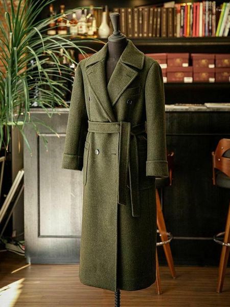 Costumes en laine pour hommes, une pièce sur mesure, revers vert foncé, manteau Long épais formel sur mesure