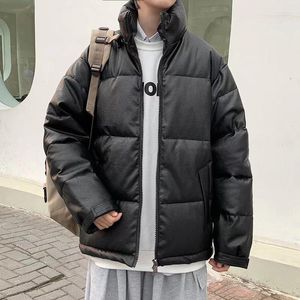 Herenwollen PU-leer herenjas Losse versie Japans katoen Winter Hong Kong Casual Koreaanse stijl Trendy knappe effen zwarte jas