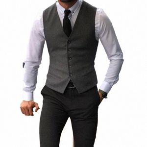 Mannen Wol Tweed Mannen Vest Voor Busin Man Een Stuk Pak Vest V-hals Bruiloft Tuxedo K6kf #