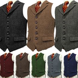 Chaleco de lana Tweed Slim Fit de ocio de algodón Borgoña para hombre, chaleco marrón de negocios en espiga para caballero, chaqueta para novio de boda 240104