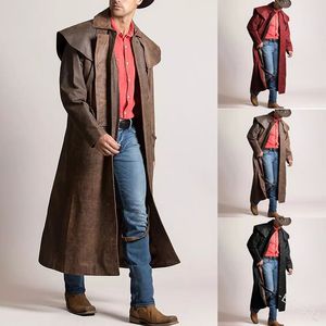 Mannen wollen cowboy lederen stofdoek jas vintage stijl winter geklede jas volledige mouw retro inverness overjas steampunk rijjas