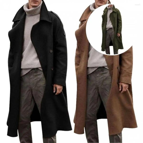 Manteau d'hiver en laine pour hommes, col rabattu, lavable, Simple, Style rétro, Long caban en laine pour usage quotidien