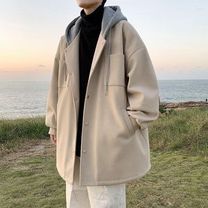 Abrigo de lana para hombre, otoño e invierno, estilo coreano, gabardina de longitud media, chaqueta con capucha holgada de marca a la moda