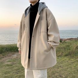 Abrigo de lana para hombre, chaqueta con capucha de longitud media para invierno, cortavientos, tendencia coreana, Top elegante que combina con todo, ropa masculina
