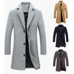 Manteau en laine pour hommes veste longue en coton coupe-vent décontracté simple boutonnage revers pardessus grande taille mode laine mélange couleur manteaux 240112