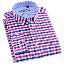 Chemises à carreaux à rayures Oxford à coupe régulière pour hommes Travail décontracté Chemises à carreaux à carreaux avec poche plaquée unique Chemise à rayures vichy épaisse à manches Lg 069k #