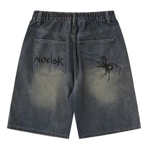 Y2K Blue Denim Spider Cobweb Gedrukte zomer losse casual jeans shorts mode Haruku Hip Hop Street Mens Shortsc240402