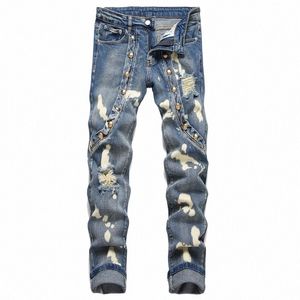 Hommes Y2K Rivet Patchwork Ripped Jeans Slim Crayon élastique Denim Pantalon Casual Pantalon Cott Streetwear Moto Design c4Kl #