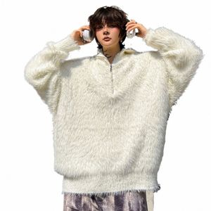 Hombres Y2K Zip Up Suéter de punto Imitati Mink Turtleneck Suéter Prendas de punto Jerseys Abrigo acolchado Ropa de invierno coreana Streetwear K3Xf #