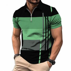 Polo zippé pour hommes 3D Stripe Print Fi Vêtements Summer Busin T-shirt décontracté Polo pour hommes Zip manches courtes Street Top n8AW #