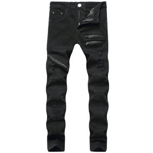 GODLIKEU Jeans décontractés pour hommes déchirés skinny noir motard designer hip hop pantalon en jean