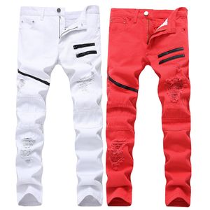 Jeans pour hommes Casual Blanc Rouge Trou Décoration Multi-chaîne Non extensible Slim Vêtements droits