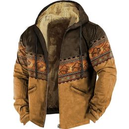 Sudaderas con capucha con cremallera para hombre, estampado de patrón de bisonte, ropa informal de invierno, sudadera de manga larga, chaqueta con capucha informal, prendas de vestir exteriores 240115