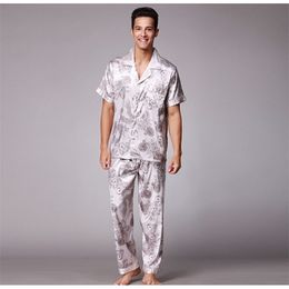 Mannen satijnen slaapkleding set korte mouw lange broek print zijden pyjama's mannelijke casual huis kleding herfst opensteek nachtkleding t200813