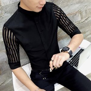 Camisa transparente para hombre, Camisa de graduación blanca y negra, Camisa Social Masculina ajustada de diseñador de moda de encaje para hombre