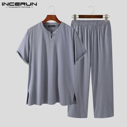 Mannen sets 2021 losse effen kleur o hals korte mouw casual t-shirt elastische taille broek Comfortabele vintage mannen pakken 5XL incerun x0610