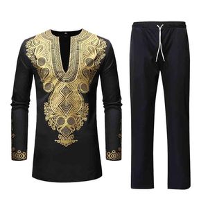 Hommes ensembles africain Dashiki vêtements coton printemps survêtement de sport mâle col en V t-shirt pantalon africain hommes Costume Costume Mar6293T