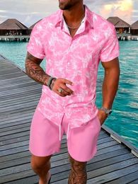 Conjuntos para hombres Imprimir Patchwork Solapa Manga corta Camisa casual Pantalones cortos de playa Verano Streetwear Vacaciones Trajes hawaianos S3XL 240312