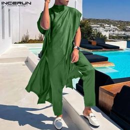 Mannen stelt een solide kleur o-neck mouwloze kaftan moslim shirtbroek 2 stks islamitische Arabische kleding herenpakken S-5XL Incerun 240415