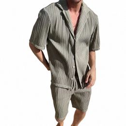 Hommes Ensembles Été Casual Chemise à manches courtes Shorts Fi Costume rayé Mâle Deux pièces Ensemble Survêtement Ropa Para Hombre v4aH #