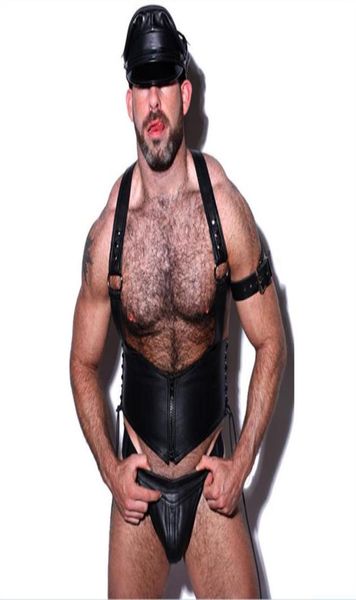 Men Sexy Faux Leather Night Club Costumes Lingerie érotique Set Gay Fetish Underwear Male Sex Game Flirt Clothes T2007167039787