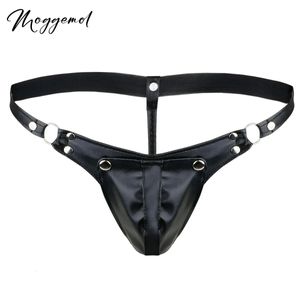 Hommes sexy lingerie string pu en cuir jockstrap g-string bouclé gonflement sachet pénis trou culotte érotique briefes gay sous-vêtements santy 240320