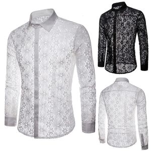 Men Sexy Long Sleeve Solid Color Lace Zie door Clubwear Button Down Shirt Soft en Skin-Friendly Shirt 240327